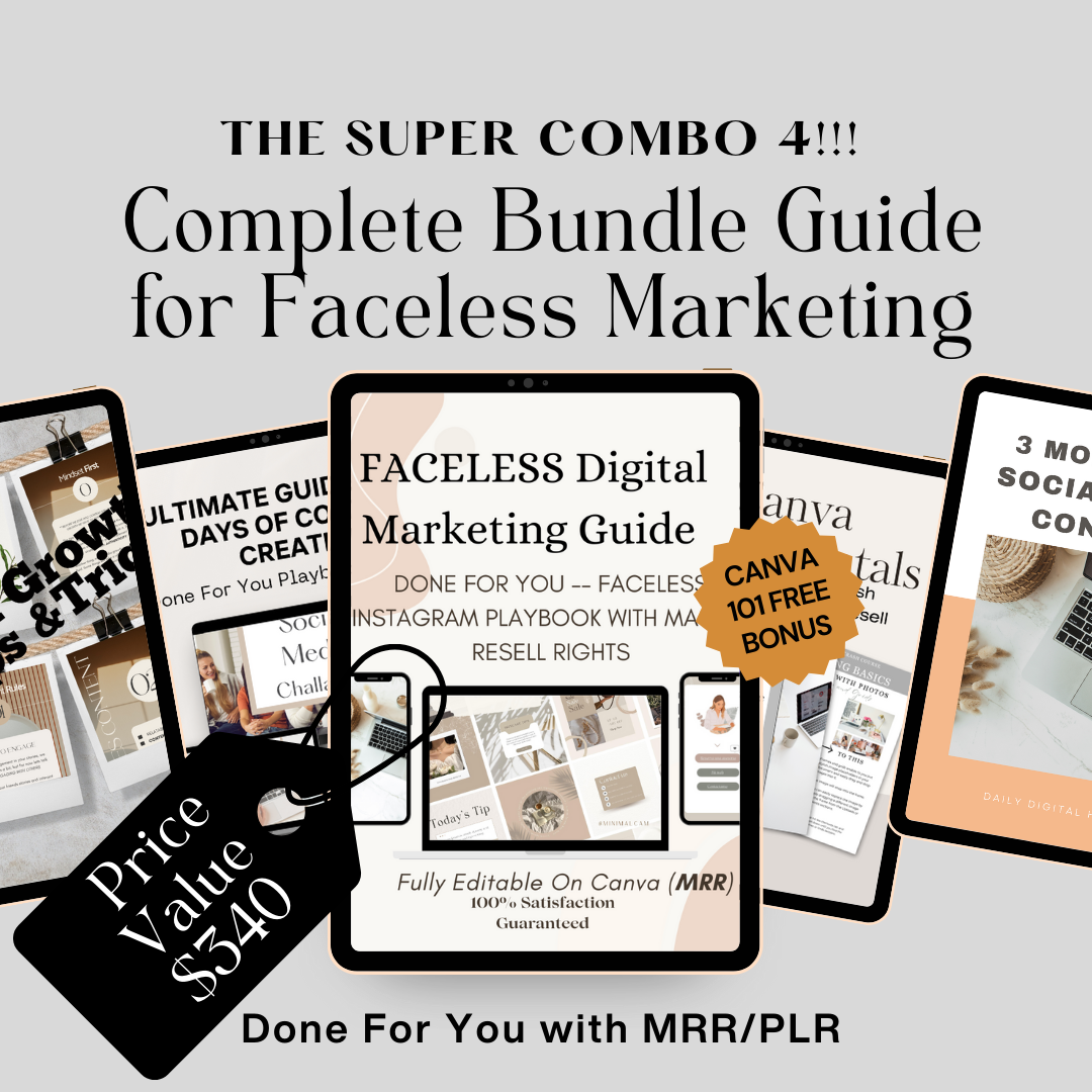 Faceless Digital Marketing Guides Bundle. 11 unique DFY guides and playbooks with MRR for Faceless Marketing. My Entire Store Collection.