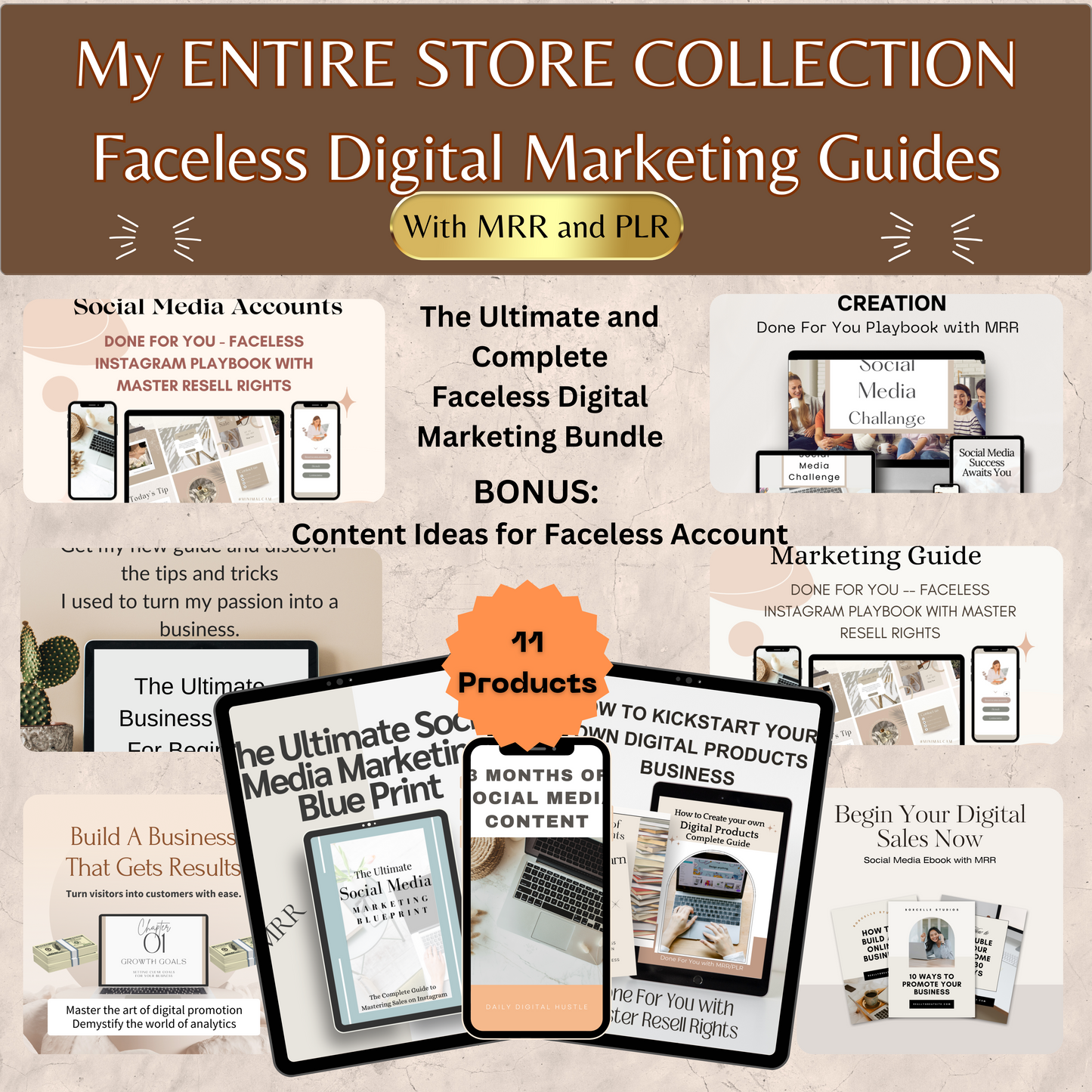 Faceless Digital Marketing Guides Bundle. 11 unique DFY guides and playbooks with MRR for Faceless Marketing. My Entire Store Collection.